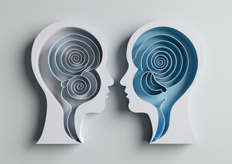 Two human heads with spiral shapes in them. AI.