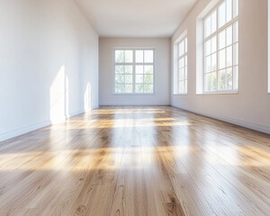 Bright and spacious interior with wooden floor and large windows, ideal for showcasing design or architectural concepts.