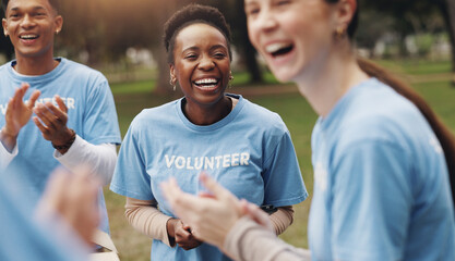 Applause, volunteer and happy people in park for charity event, community service and teamwork....