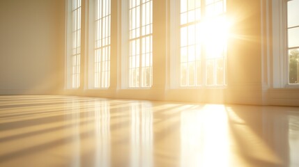 Obraz premium Bright sunlight illuminating an empty room with large windows, creating a warm and inviting atmosphere.