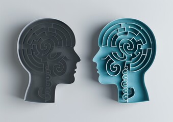 Two blue and gray heads with a maze in the middle. AI.