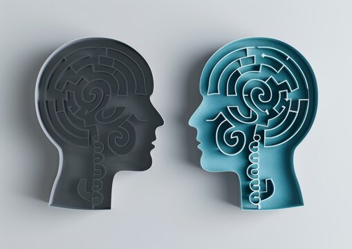Two blue and gray heads with a maze in the middle. AI.