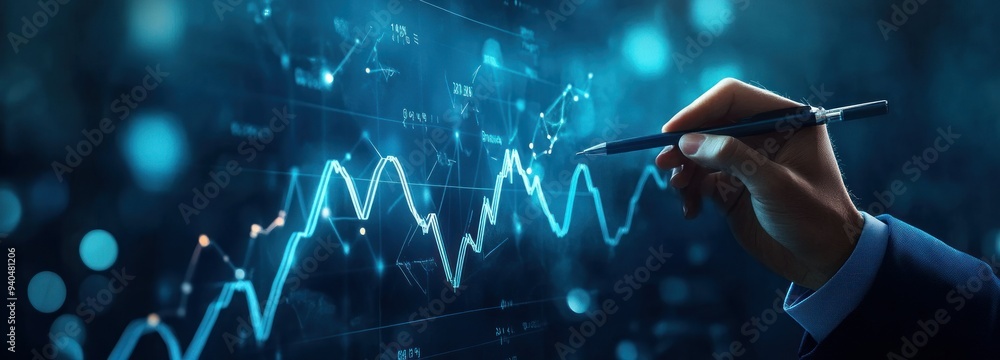 Poster hand tracing blue line graph on digital screen