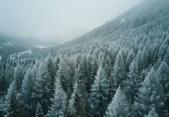 A view of a forest covered in snow and trees. AI.