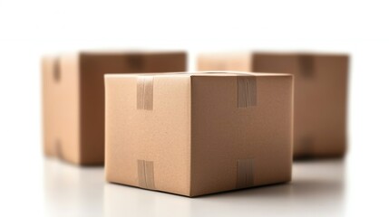 Obraz premium Three cardboard boxes arranged on a white background, suitable for shipping, storage, or packaging concepts.