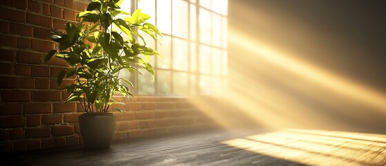 A serene indoor scene featuring sunlight streaming through a window, illuminating a vibrant green plant in a cozy space.