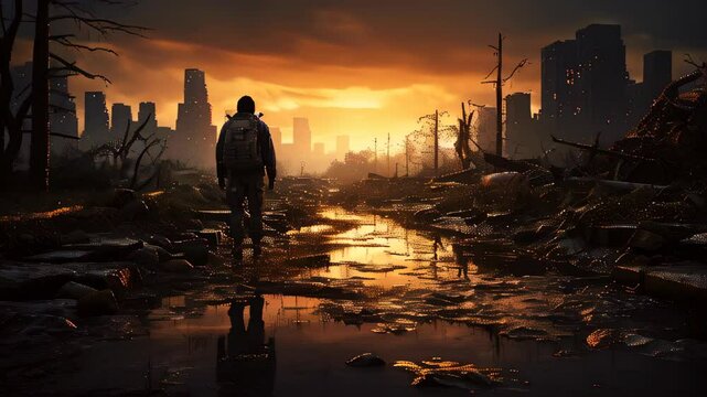 A lone traveler walks through a desolate city as the sun sets, showcasing the beauty amidst destruction