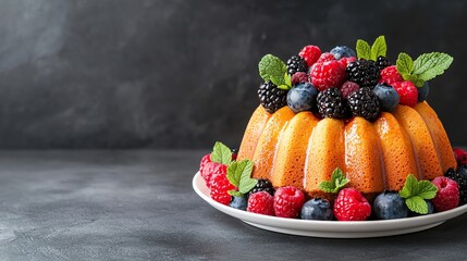 Delicious bundt cake garnished with fresh berries and mint leaves on a white plate, against a dark background. Perfect dessert presentation.