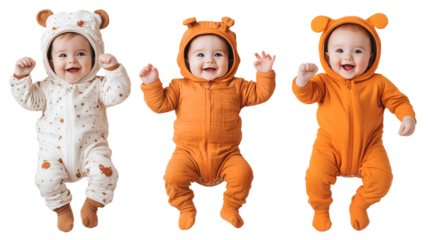 Happy three babies in warm clothes isolated on transparent background 