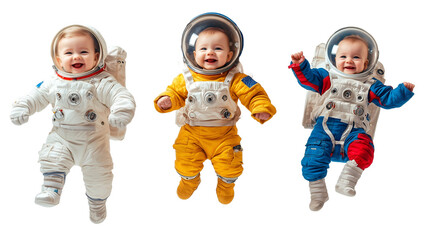 Happy three babies in spacesuit. Isolated on transparent background.