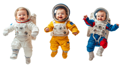 Happy three babies in spacesuit. Isolated on transparent background.