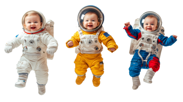 Happy three babies in spacesuit. Isolated on transparent background.