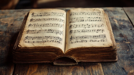 Obraz premium Aged book with vintage music sheets. 
