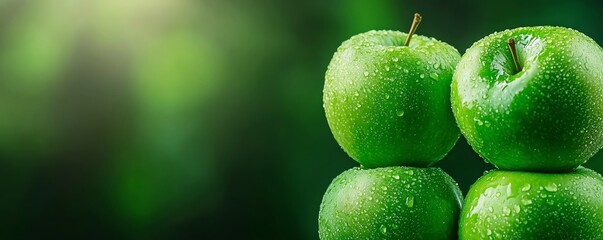 Fresh green apples stacked in a vibrant, dewy setting with a blurred green background, symbolizing healthy living and natural freshness.