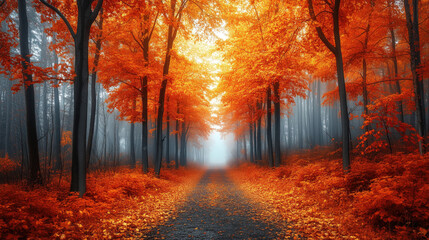 Fototapeta premium Path through a misty autumn forest with red foliage