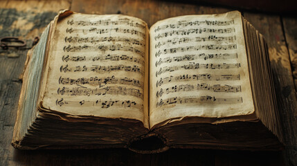 Obraz premium Aged book with vintage music sheets. 
