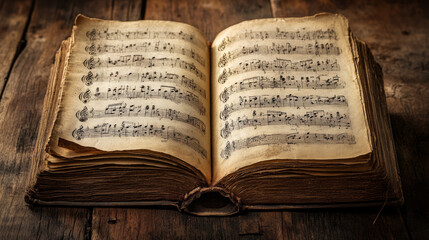 Obraz premium Aged book with vintage music sheets. 