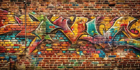 Obraz premium Graffiti art on weathered brick wall , urban, street art, vandalism, spray paint, graffiti tag