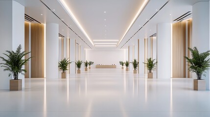Obraz premium Minimalist Banquet Hall Interior Design with White Walls and Natural Wood Accents
