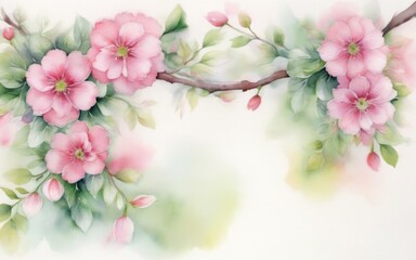 Watercolor Branch with Pink Flowers and Green Leaves in Symmetri