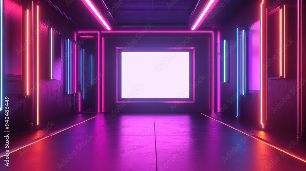 Poster neon lights illuminating a corridor with a blank canvas