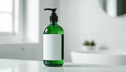 A green bottle of soap sits on a counter in front of a bathroom mirror. The bottle is empty and has a black cap. The bathroom is clean and well-lit, with a sink and a window