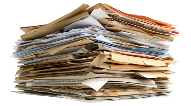 Disorganized stack of office documents and papers.