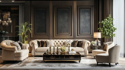 Fototapeta premium Elegant living room with luxury furnishings, comfortable seating, and stylish decor, set against a realistic background
