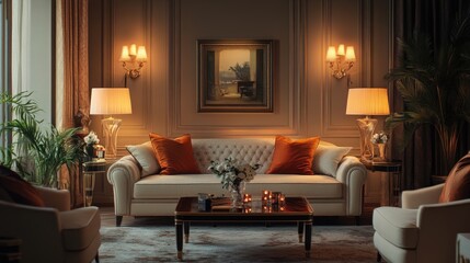 Elegant living room with luxury furnishings, comfortable seating, and stylish decor, set against a realistic background