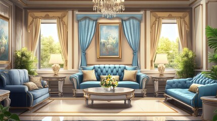 Luxury living room interior with comfortable seating and elegant accents, set against a realistic background for relaxation