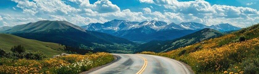 Winding Road Through Mountainous Landscape with Wildflowers