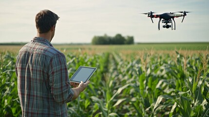 A drone flying over a cornfield while a farmer monitors it with a tablet