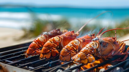 Grilled Lobster Tails Sizzle on a Beachside Grill with Turquoise Waves in the Background