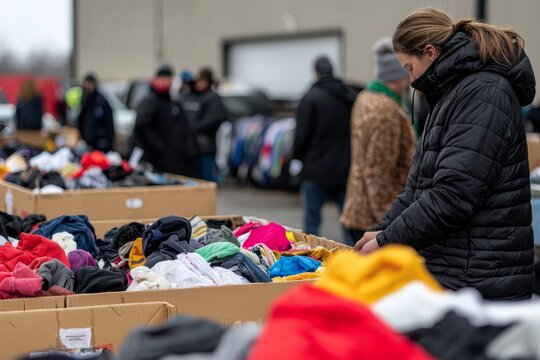 A community event where people are coming together to donate and sort used clothing and supplies for those in need