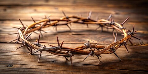 Close up of a crown of thorns resting on a wooden surface, suffering, religion, Christianity, Jesus, crucifixion, symbolic