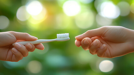 hand holding a toothbrush with toothpaste, set against a blurred background. This image symbolizes personal care, hygiene, and daily routines, promoting a fresh start