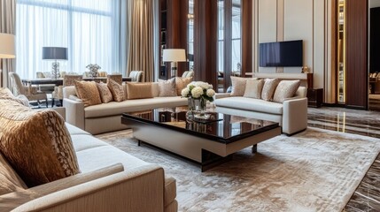 Luxury living room interior with plush furniture and elegant accents, creating a comfortable and relaxing atmosphere