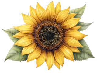 Fototapeta premium Vibrant sunflower illustration with bright yellow petals and lush green leaves, perfect for nature-themed designs.