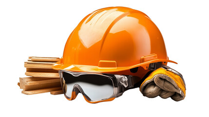 Bright orange safety helmet with goggles and gloves arranged on wooden planks, ideal for construction and safety themes.