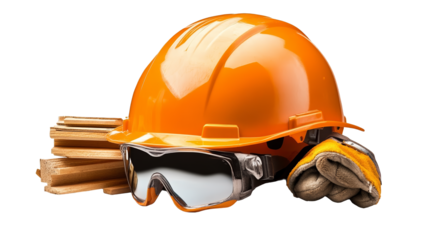 Bright orange safety helmet with goggles and gloves arranged on wooden planks, ideal for construction and safety themes.