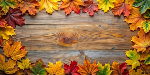 Obraz premium Autumn leaves on a wooden background with a colorful frame, autumn, leaves, wooden, background, colorful, frame, nature