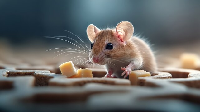 A rat navigating a cheese maze with agility and curiosity, in a playful and detailed setting showcasing its cleverness.