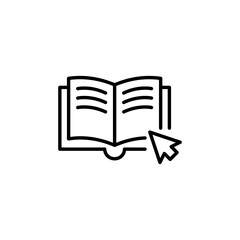 E-book icon. A simple vector illustration of an open book with a cursor arrow, representing digital reading or online education. Ideal for e-learning, online educational content. Vector illustration.