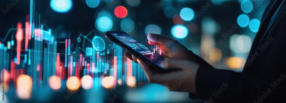 Aufkleber Person using a smartphone with a stock market app in front of bokeh lights.