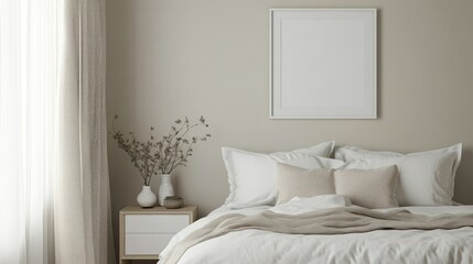 Minimalist Bedroom Interior with White Bed and Frameless Picture