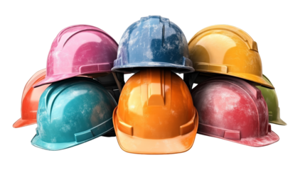 A collection of colorful construction helmets stacked together, symbolizing safety and teamwork in the construction industry.