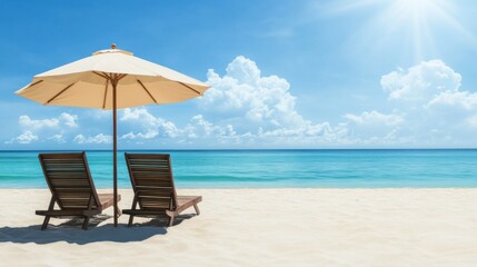 Obraz premium Beach Scene with Two Loungers and Umbrella