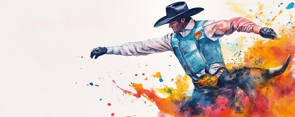 Obraz premium A dynamic watercolor of a bull rider holding on, with splashes of color representing the dust and motion, watercolor, rodeo, action