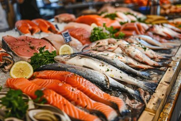 A vibrant counter at a market features a variety of fresh fish and seafood, including salmon, bass, and shrimp, all ready for customers to choose from