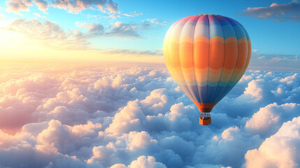 Naklejka premium Colorful hot air balloon soaring in a bright blue sky, symbolizing freedom, adventure, and new perspectives